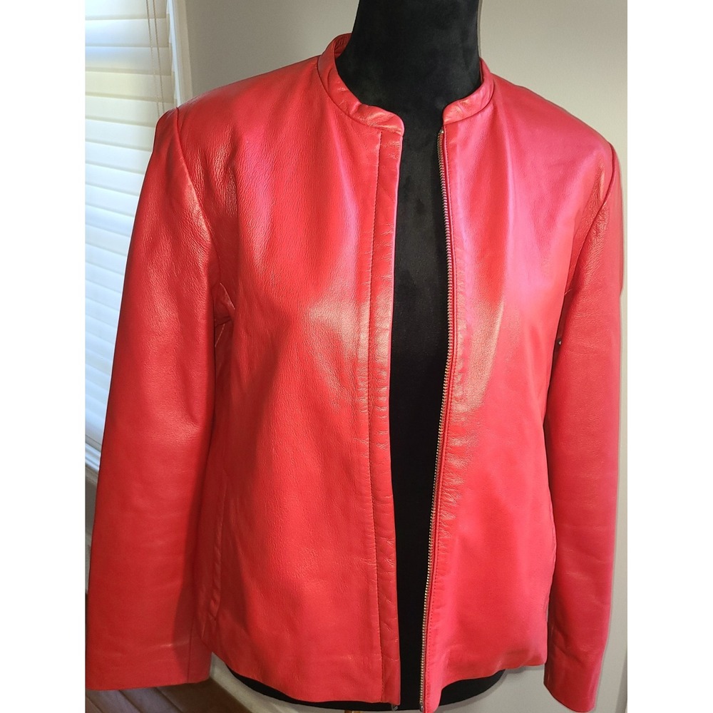 Neiman Marcus Women's Red Leather Zip-Front Moto Jacket Size L Band Collar